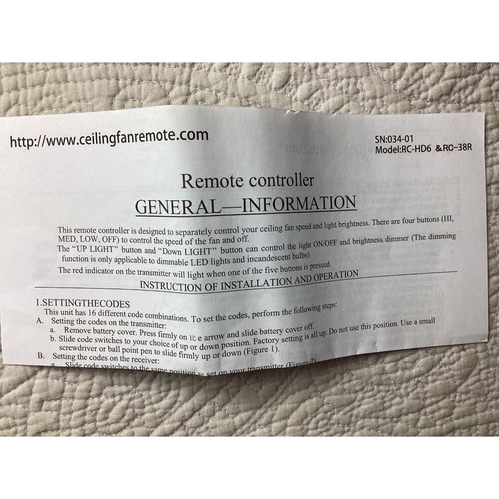 Ceiling Fan Remote Control Kit*Receiver*Model R28-2L*Speed*Light Control*NWB - Picture 2 of 5